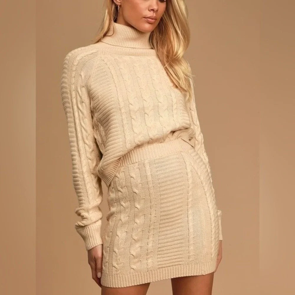 Lulus Cable Knit Sweater Mini Skirt Set Medium M Stretchy Elastic Waist Cream